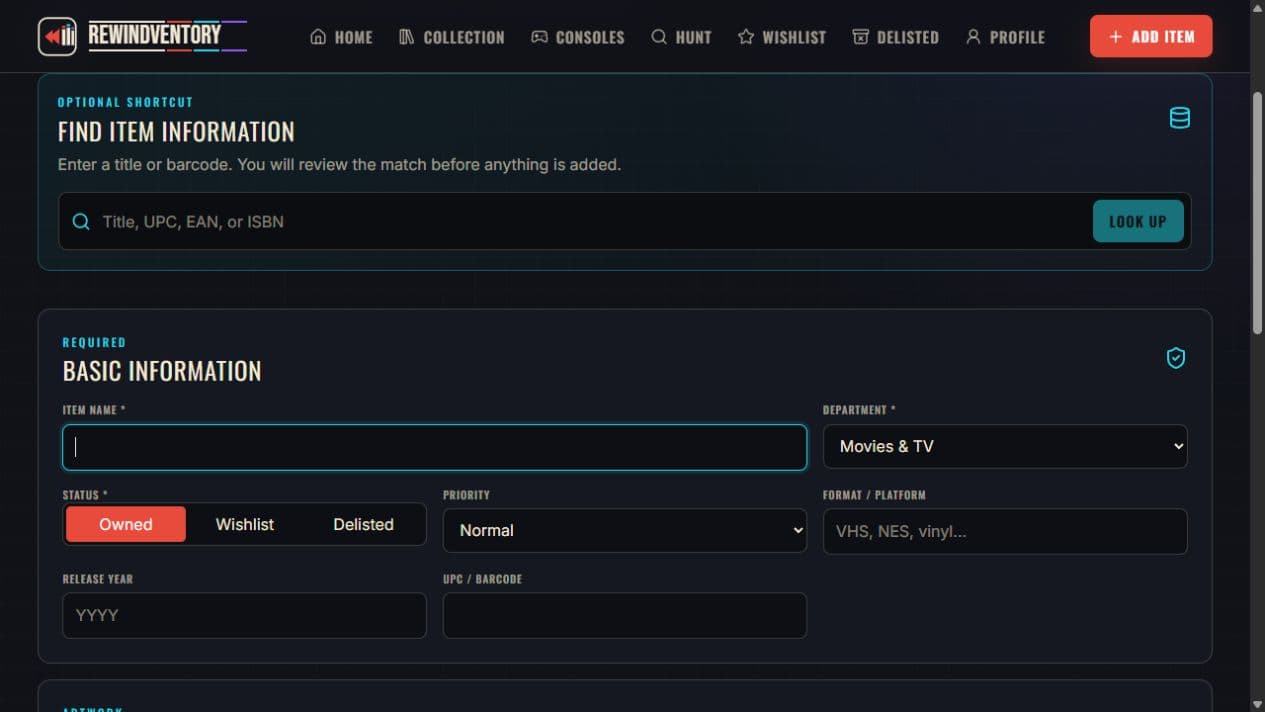 Add Item and metadata lookup screen
